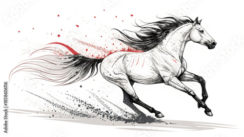 Energetic charcoal sketch of a white horse running with speed.
