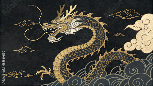 Powerful golden dragon emerging from stylized grey smoke clouds.