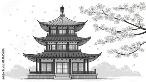 Technical blueprint style illustration of a multi-tiered oriental temple in a minimalist landscape.