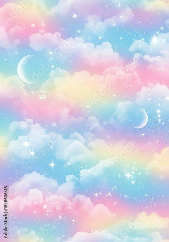 Serene pastel dreamscape with clouds, stars and celestial moon shape