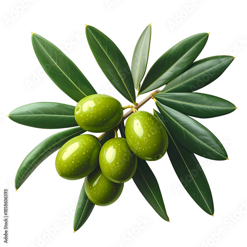 Close-up of glossy green olives with water droplets, on branch with leaves, isolated