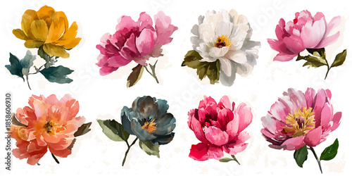 Vibrant watercolor collection of tropical hibiscus flowers and lush green leaves