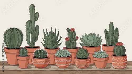 Collection of Various Potted Cacti and Succulents Displayed on a Shelf.