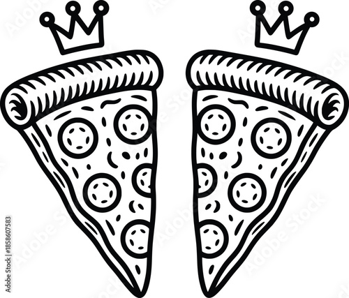 Pizza Slice Line Art Illustration, Crowned Pizza Black Outline Icon Set.