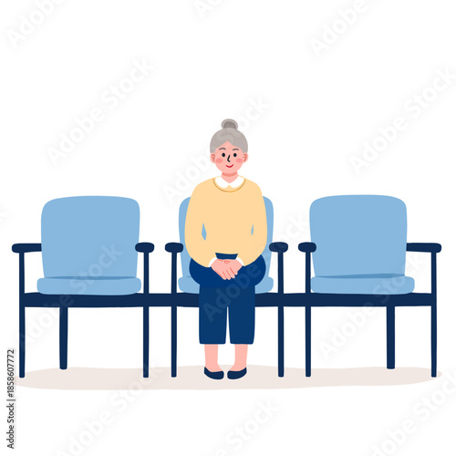 elderly person in waiting room. Seniors waiting for appointment indoors. Retired people sitting in reception area. Elderly group waiting calmly together. Elderly set