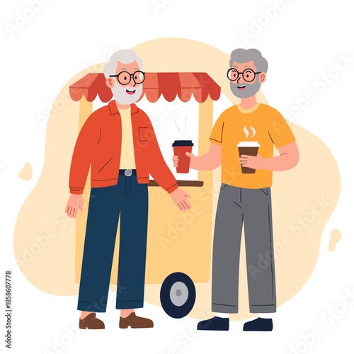 elderly men enjoying coffee. Senior friends relaxing and chatting together. Retired men spending time in warm company. Elderly companions having friendly conversation. Elderly set

