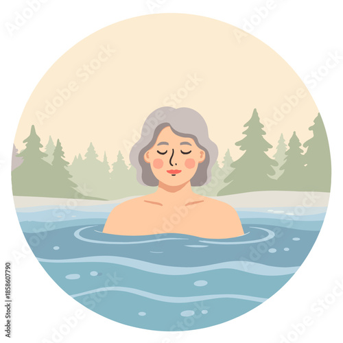 elderly woman swimming outdoors. Senior lady relaxing in natural water. Retired woman enjoying outdoor swimming. Mature swimmer spending time in nature. Elderly set