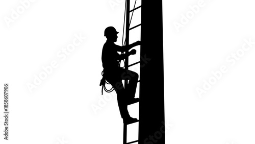 Worker climbing ladder with safety gear on white background