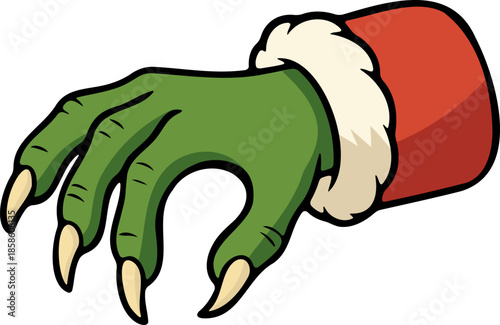 Cartoon green monster hand in Santa suit sleeve holding invisible object isolated vector illustration