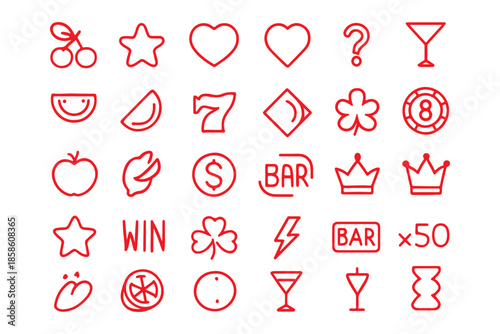 Casino Slot Machine Icon Set. Hand Drawn Gambling Symbols Vector