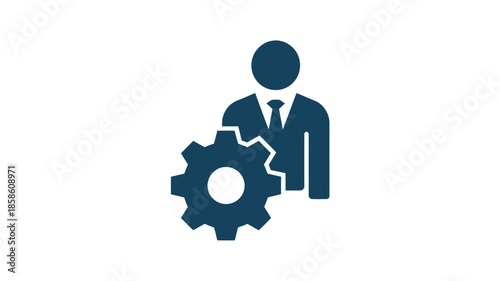Businessman with gear icon in dark blue silhouette with simple lines on white background for infographic