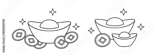 Chinese Gold Ingot Outline Illustration Set.
Yuanbao Gold Ingots Black and White Line Art.
Lucky Chinese Gold Ingots Coloring Pages and Templates.