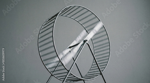 antecedence. Hamster wheel in endless rotation on a plain grey background. wildlife magazines, conservation campaigns, designed for nature documentaries and education, used by health educators.