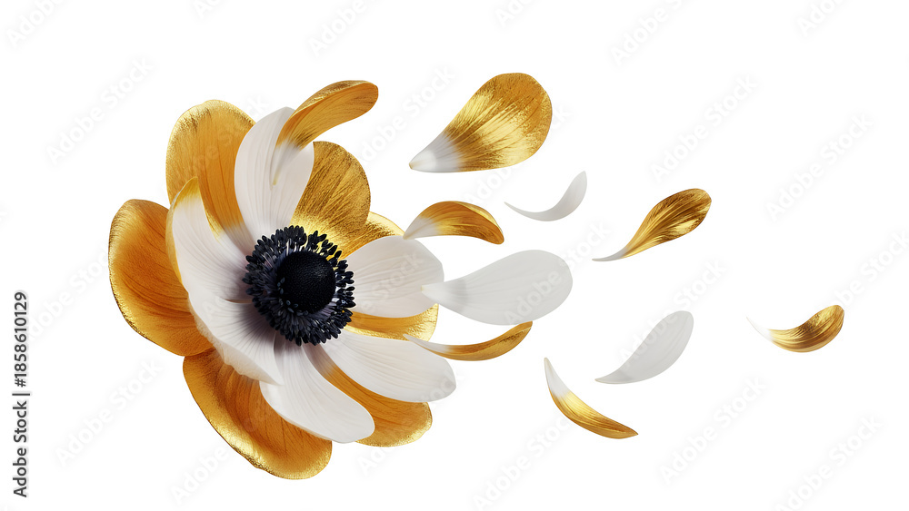 Obraz premium A close-up view of a flower anemone with scattered petals against a white background