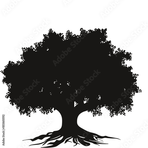 ​Black silhouette of a large spreading oak tree.
​Detailed silhouette of a lush deciduous tree.
​Isolated black tree icon on white background.