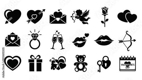 A collection of romantic Valentine's Day themed icons including hearts, roses, cupid, lips, gifts, and more.