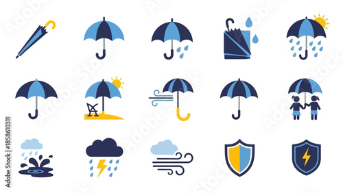 Collection of weather-related icons featuring umbrellas, rain, wind, lightning, and sun protection.