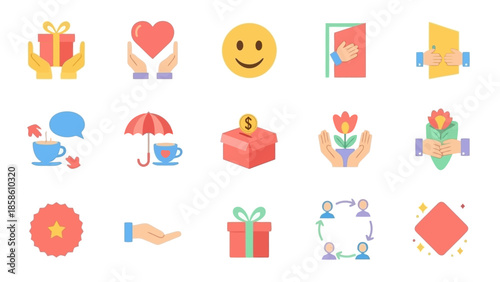 A collection of flat design icons representing concepts of kindness, generosity, support, and community.