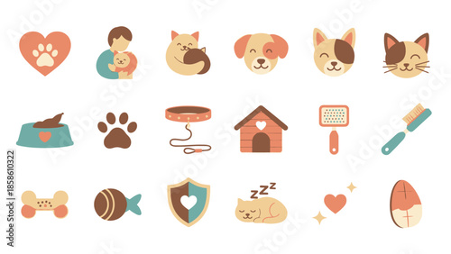 A collection of charming and colorful flat icons representing various aspects of pet care, including animals, accessories, and symbols of love and health.