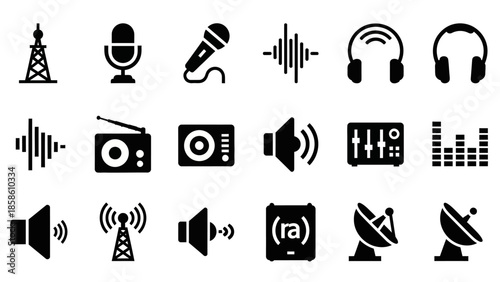 A collection of 15 black and white icons representing various audio, sound, and broadcasting technologies.