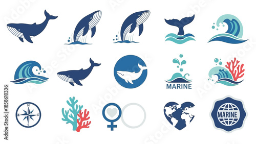 Collection of marine life and nautical icons including whales, waves, coral, compass, and earth symbols.