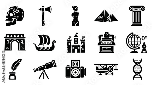 A collection of historical and scientific icons representing different eras and discoveries, including a skull, axe, pyramid, castle, and DNA.