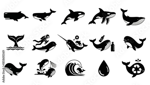 A collection of black and white vector icons depicting various whale species, marine life, and environmental conservation themes.