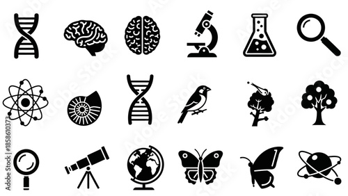A collection of science and nature-themed icons, including DNA, brains, microscopes, flasks, magnifying glasses, atoms, shells, birds, trees, globes, telescopes, and butterflies.