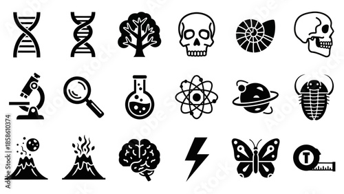 A collection of science and nature-themed icons, including DNA, microscopes, planets, and fossils.