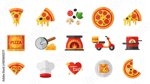 A vibrant collection of flat design icons representing various aspects of pizza, from ingredients and preparation to delivery and enjoyment.