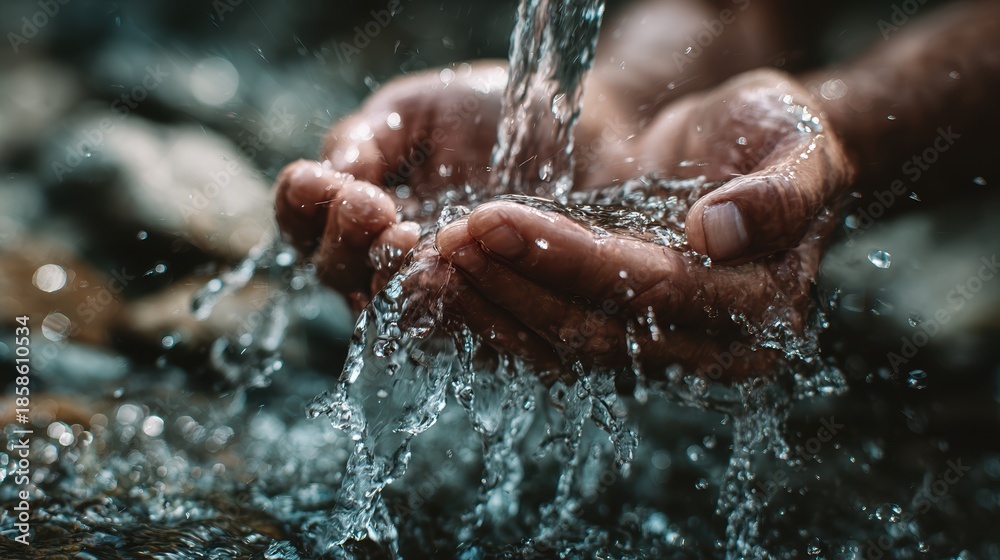 Fototapeta premium Pure Fresh Spring Water Concept Featuring Hands Washing in Clear Cold River Stream Symbolizing Hygiene and Health