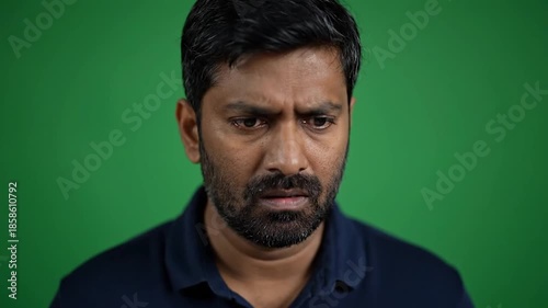 Man with worried expression looking down against a green screen background.