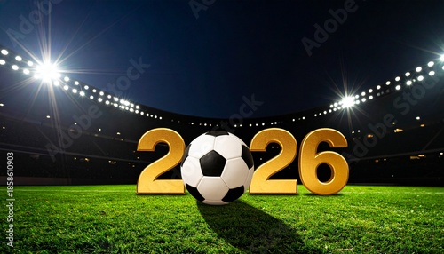Soccer ball with golden 2026 year digits on green grass pitch under stadium floodlights, concept for world championship tournament and athletic competition.