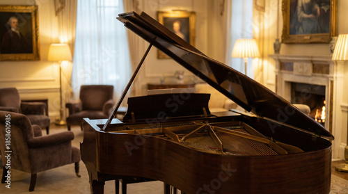 chord. An elegant grand piano with its lid open in a softly lit, refined interior setting. tutorial guides, club newsletters, designed for sports & leisure club marketing, used by project managers.