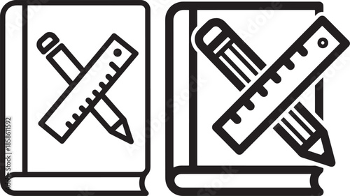 Book ruler and pencil crossed outline icons for education