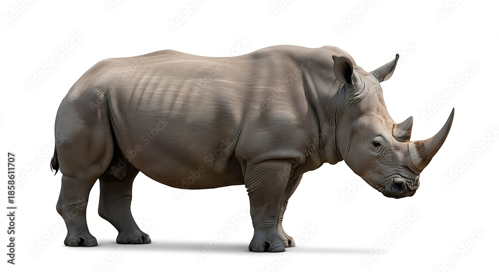Obraz premium Majestic White Rhinoceros Isolated on a Clean White Background, Side View.