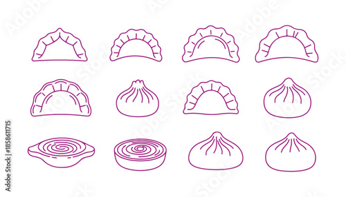 A collection of various dumplings, outlined drawings, black line art on a white background

