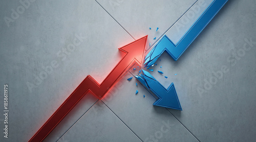 reprisal. A sharp red arrow deflecting a blue arrow on a neutral background. event key visuals, club posters, designed for fitness apps and gym onboarding.