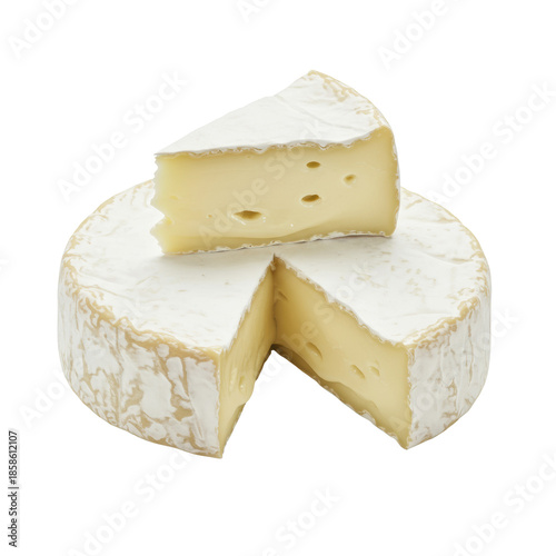 Round premium truffle cheese, cut slice shows gooey interior, bloomy rind, against transparent background with copy space, sharp macro focus, gourmet culinary indulgence concept