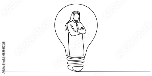 Single one line drawing Arab businessman stands inside lightbulb with the top open raising hands. Clear mind calms the situation. National Creativity Day. Continuous line design graphic illustration