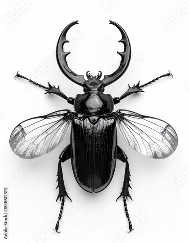 High contrast studio shot of a stag beetle, wings out