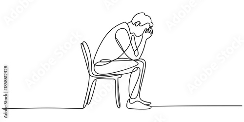 Continuous one line drawing of sad man sitting alone. Single line drawing illustration of thinking man, Man sitting alone on bench continuous line drawing, back view. One line art concept of lonelines