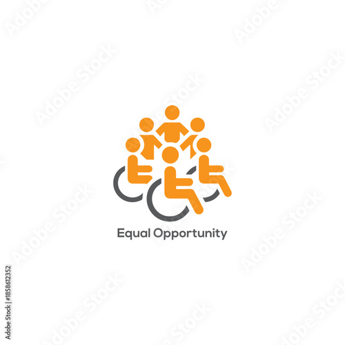 Equal opportunity inclusion icon with diverse people and wheelchairs, disability access symbol for diversity, rights, teamwork and community support

