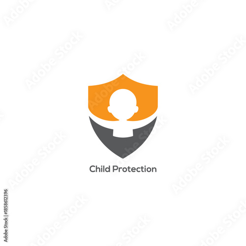 Child protection shield logo with kid silhouette, family safety icon for security, care, children rights and nonprofit charity design

