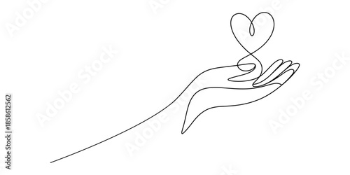 Hands holding heart continuous one line art drawing. Charity donation linear symbol.one line icon with with white background, Continuous line drawing of a hand gently holding a heart. One line drawing