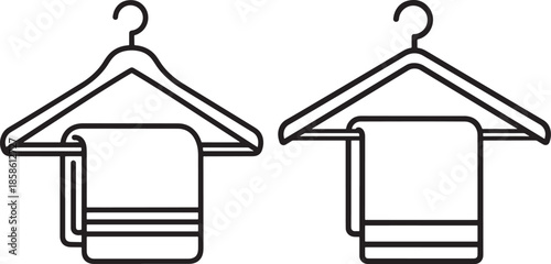 Two clothes hangers with folded towels icon set outline