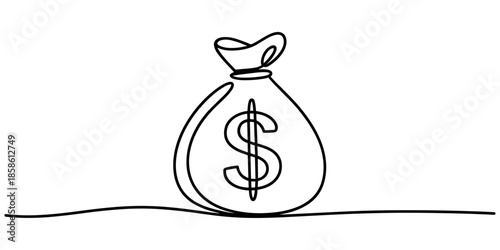 Dollar money bag continuous one line drawing. Hand holding coin continuous single line drawing, Continuous one line drawing of money bag. Money storage and investment vector illustration
