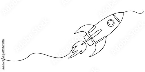 One continuous line drawing of simple retro spacecraft flying up to the outer space nebula. Rocket space ship launch into universe concept. Vector black silhouette. with white background