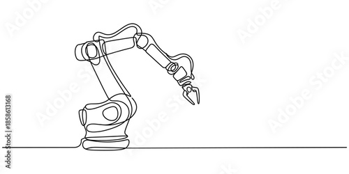 One continuous single drawing black line art doodle of robotic arm Industrial, representing automation and AI, Robotic Arm Single Line Icon, Robotic arms or industry manipulator positioned continuous