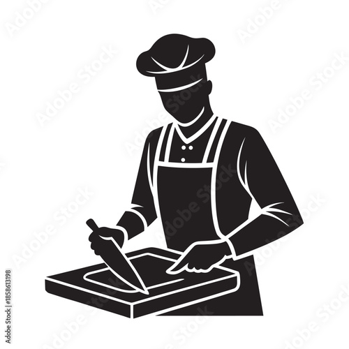 Cook Cutting Meat On Wooden Board